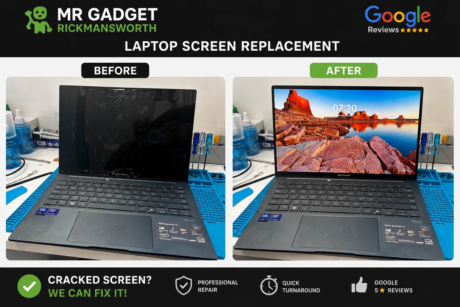 ASUS laptop screen replacement – before and after