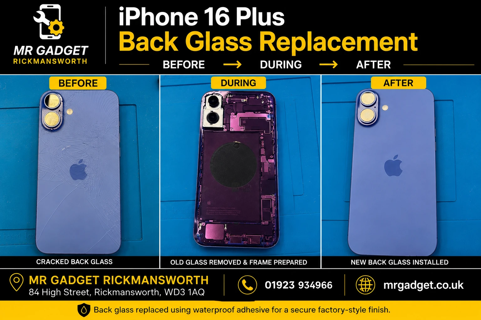 iPhone 16 Plus back glass replacement – before, during and after